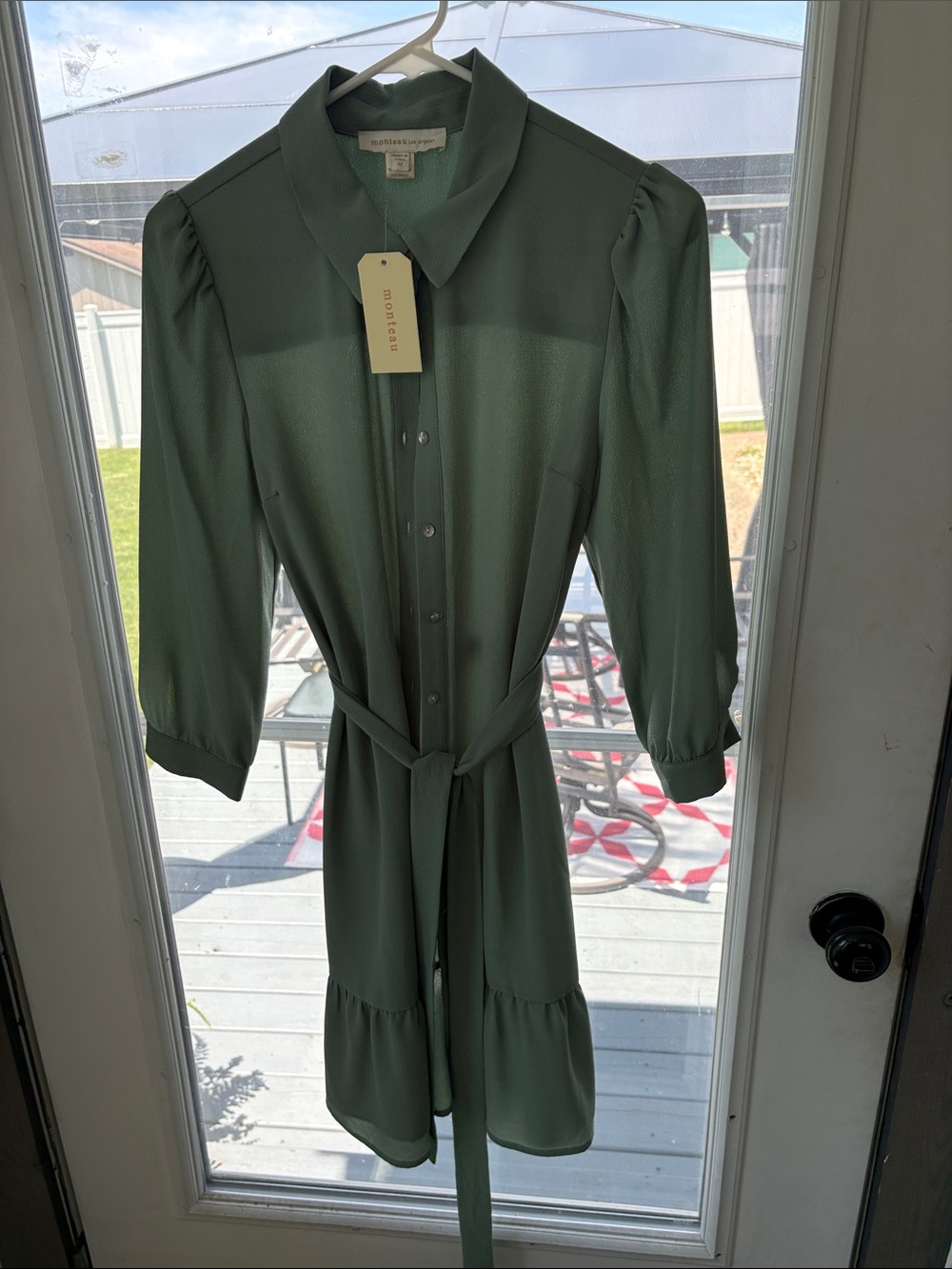 Lilla P Sage Green Midi Shirt Dress with Tie Waist